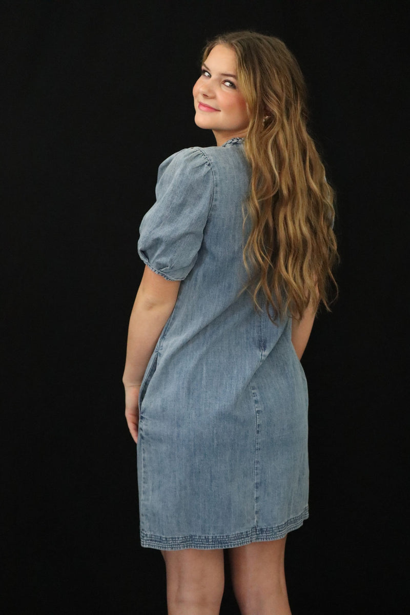 DORTHY'S DENIM MINI DRESS – DENIM – Boujee Barn Boutique LLC