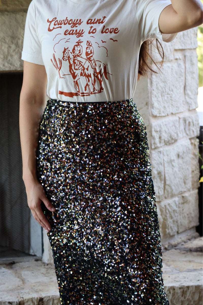 SARA'S SLEEK SEQUINS SKIRT - BLACK