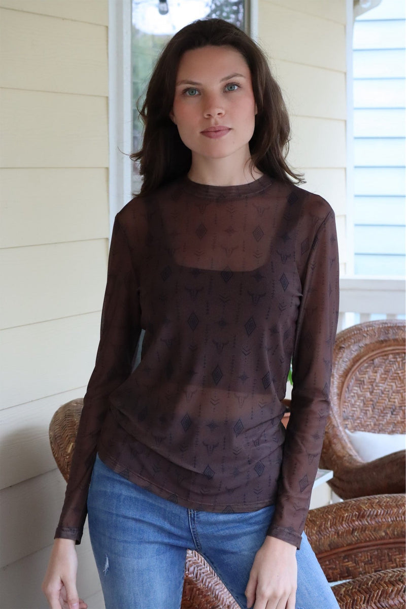 MICHA'S MESH AZTEC TOP - BROWN