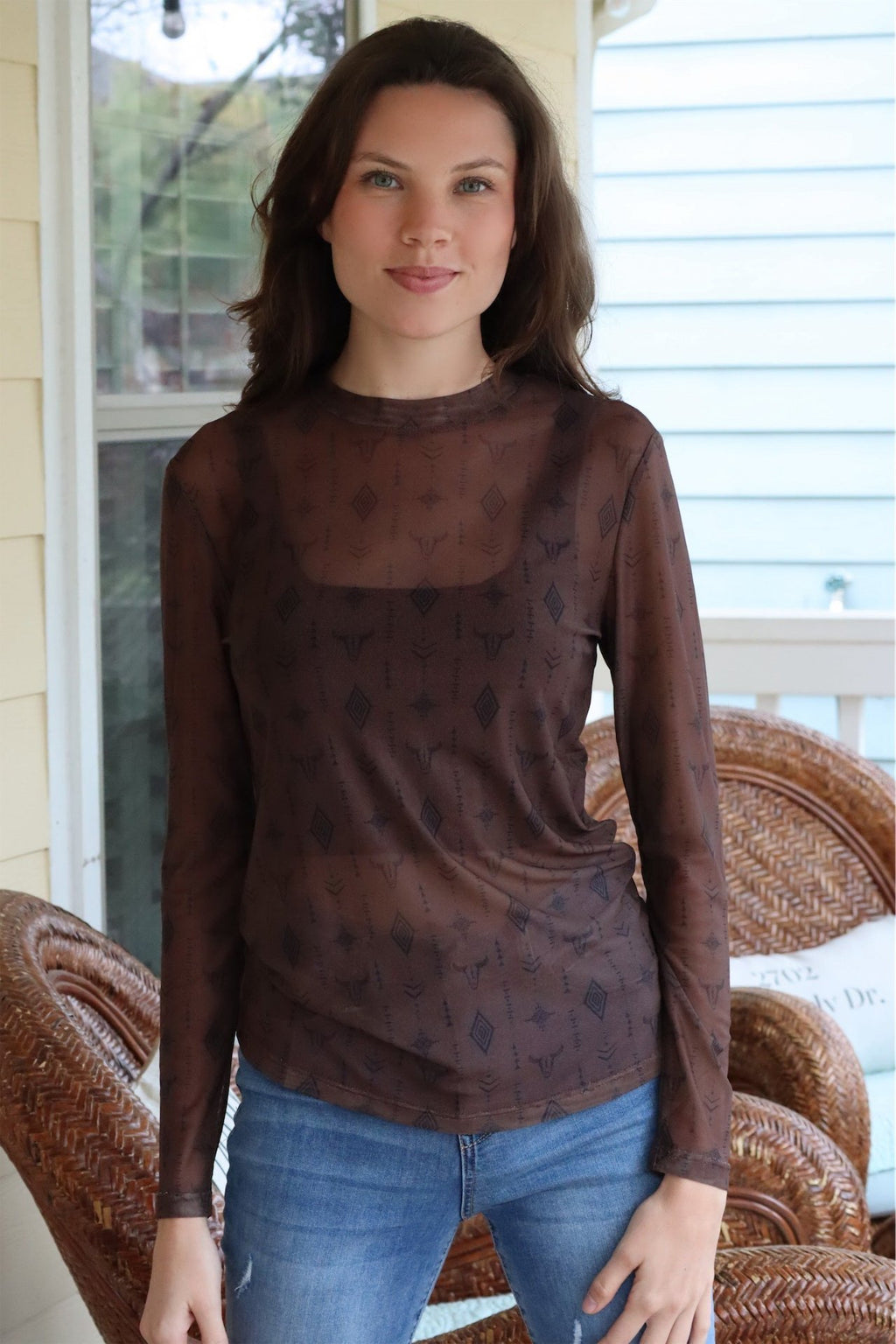 MICHA'S MESH AZTEC TOP - BROWN