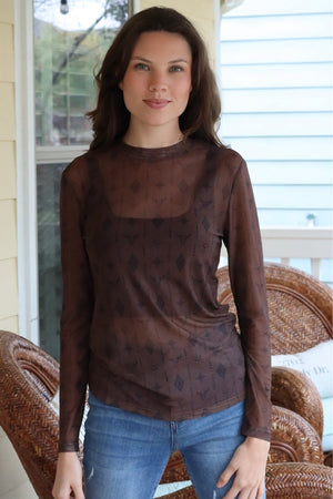 MICHA'S MESH AZTEC TOP - BROWN