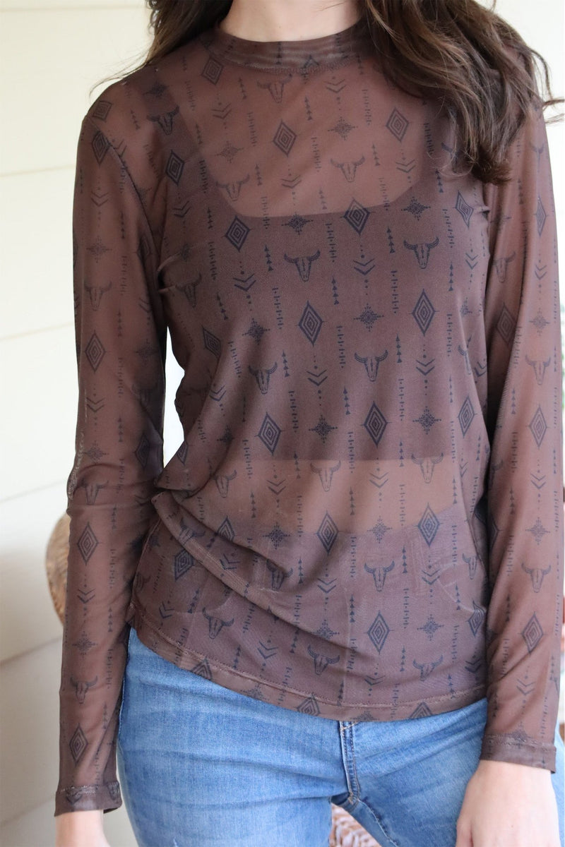 MICHA'S MESH AZTEC TOP - BROWN