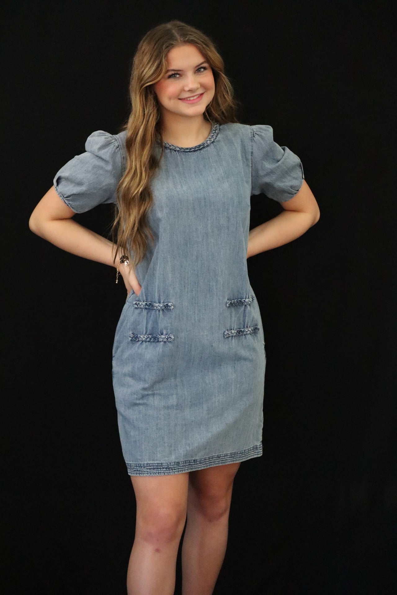 denim balloon sleeve mini pocket dress Marlowe Denim Puff Sleeve Mini Dress Thomas and Rye