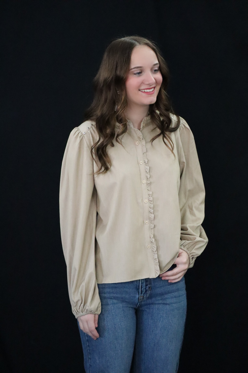 ANNA'S RUFFLE AND READY BLOUSE - TAUPE