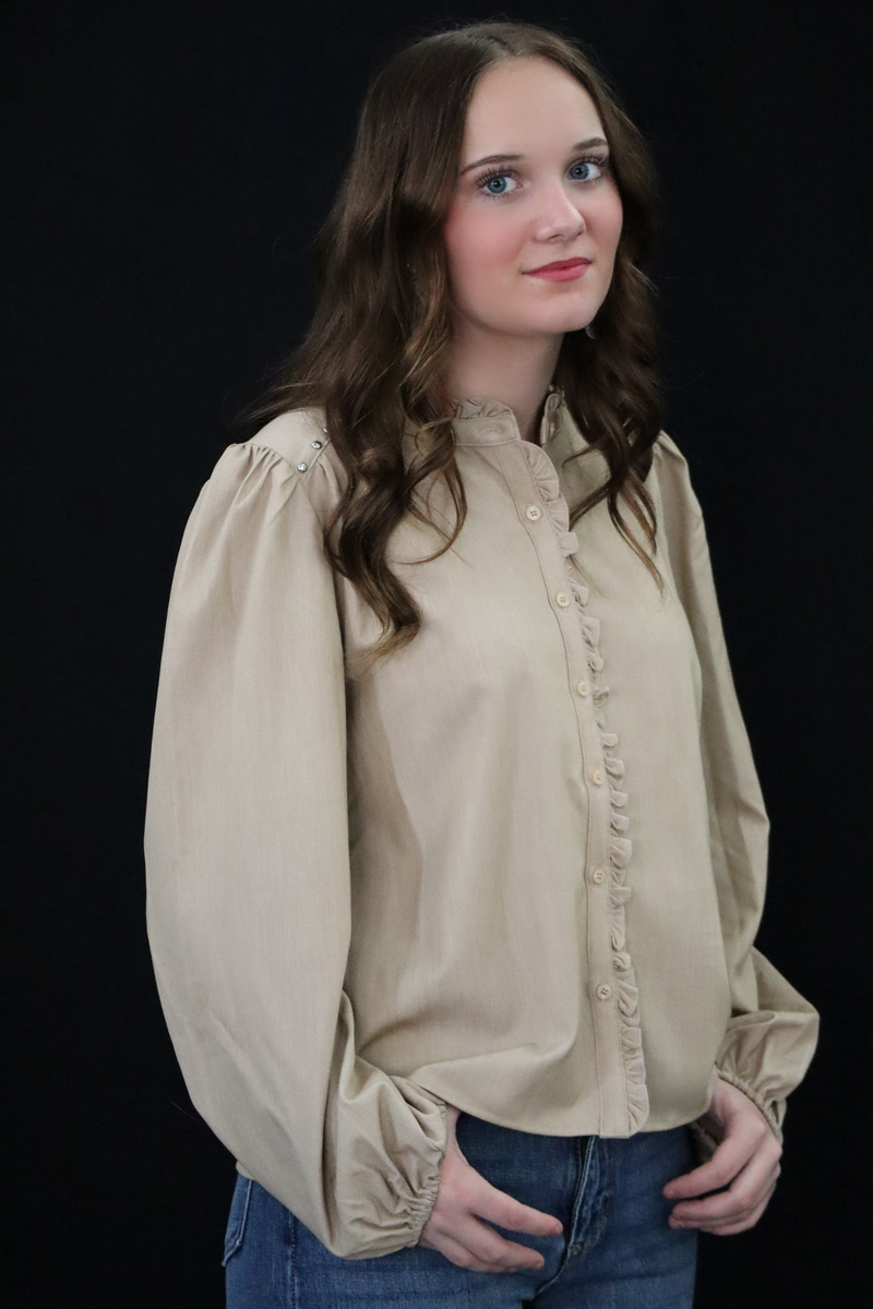 ANNA'S RUFFLE AND READY BLOUSE - TAUPE