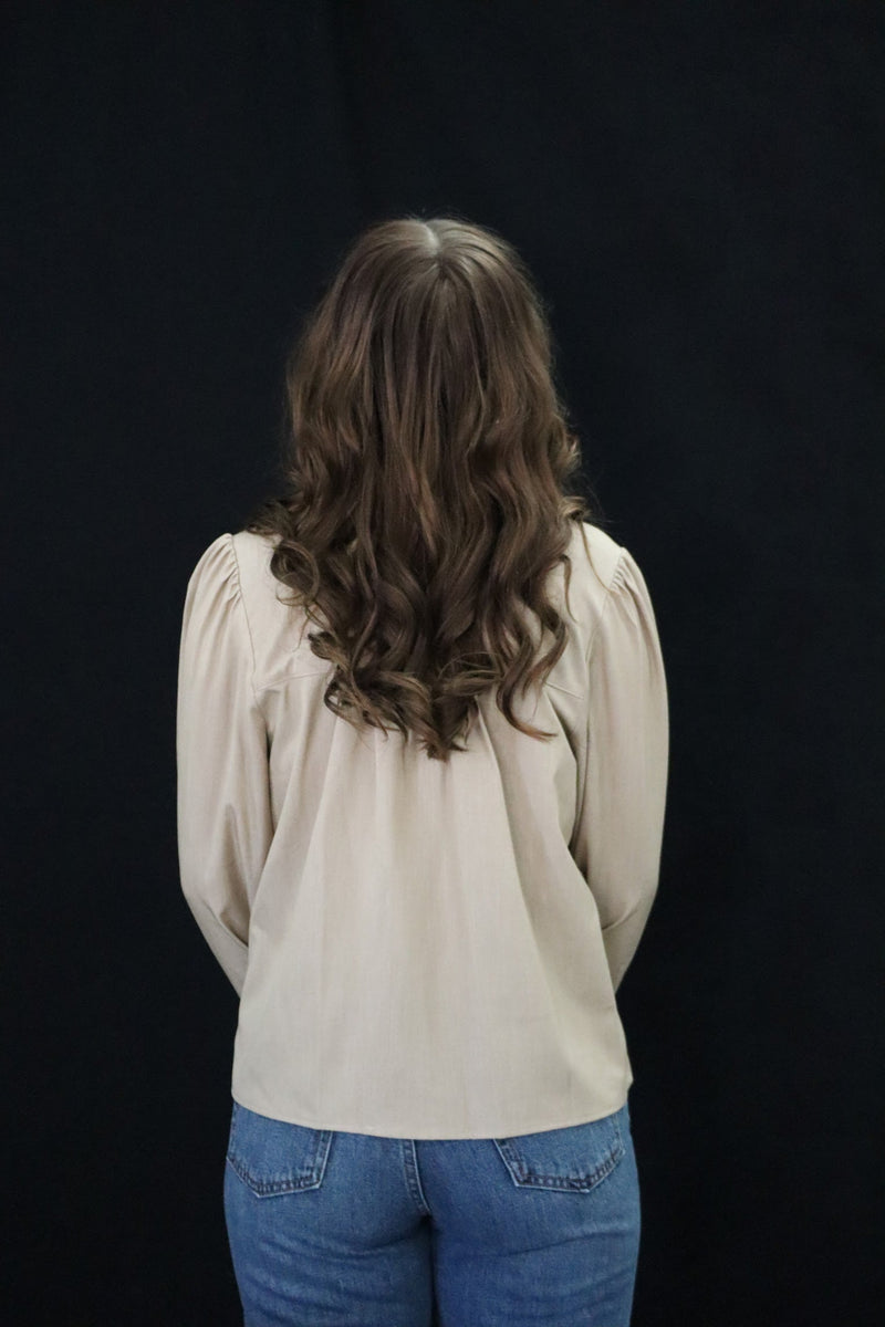 ANNA'S RUFFLE AND READY BLOUSE - TAUPE