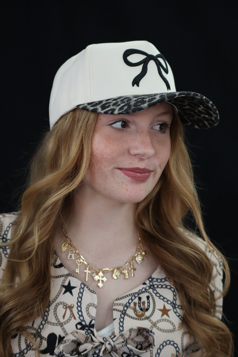 BRITTANY'S BOW LEOPARD CAP - KHAKI / BLACK