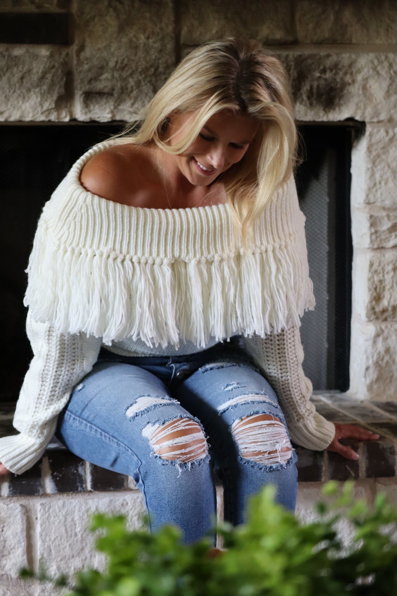White off the shoulder fringe sweater Clearance